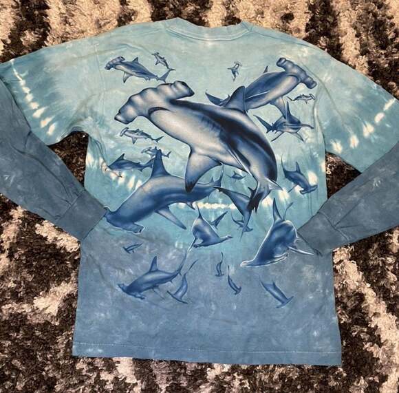 Vintage 1997 Liquid Blue Hammerhead Shark All Over Print Tie Dye Long Sleeve Shi - Picture 2 of 4
